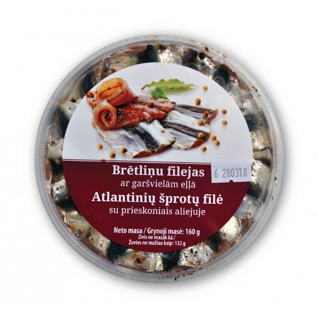 Atlantinių šprotų filė su prieskoniais aliejuje, 10*160g