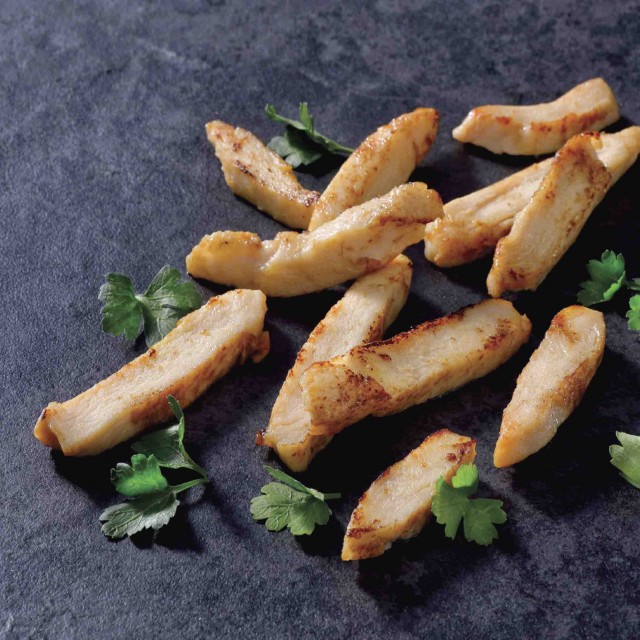Chicken breast strips 10-12mm, roasted, frozen, 4x2.5kg, Tasty Chicken, Thailand
