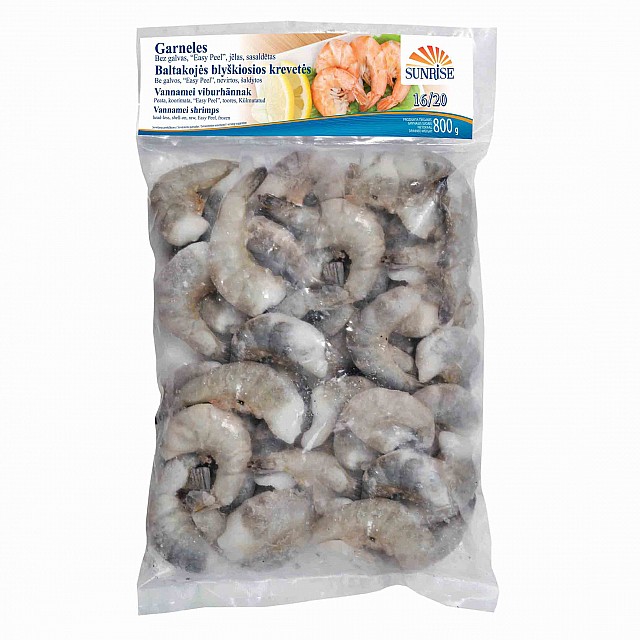 Tīģergarneles b/g jēlas 16/20 Indija (10x1kg) Easy Peel 20% (tīrsvars 800g) Sunrise