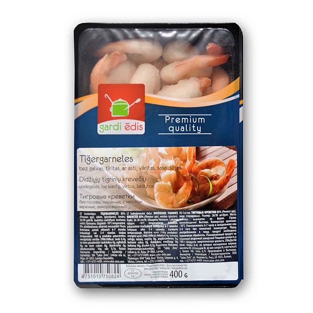 Креветки тигровые GARDI ĒDIS вареные, очищенные, с хвостом 26/30 Вьетнам (500г) 20%