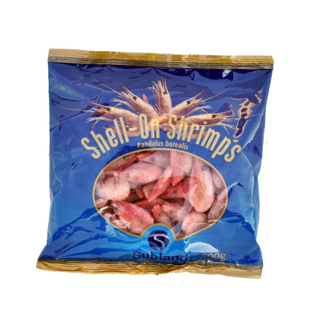 Coldwater prawns head-on, shell-on, cooked 90/120, 500g, 35%