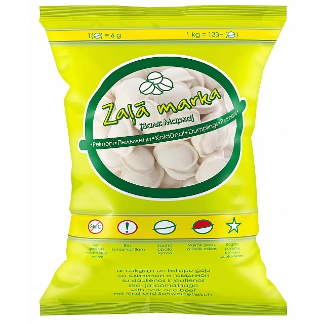 Pelmeņi "Zaļā marka" ar cūkgaļu un liellopu gaļu , 1kg Pelmeņi "Zaļā marka" ar cūkgaļu un liellopu gaļu , 1kg