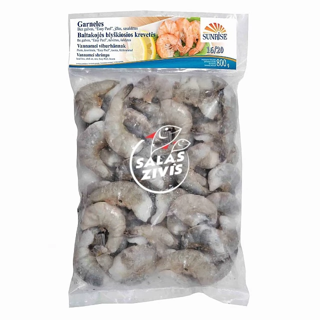 Tīģergarneles b/g jēlas 16/20 Indija (10x1kg) Easy Peel 20% (tīrsvars 800g) Sunrise