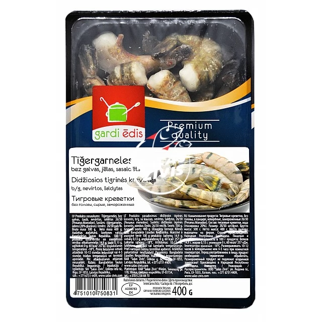 Black Tiger head-less, shell-on, raw 26/30, 500g, 20% glaze, GARDI ĒDIS